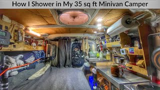 How I Shower in my 35 sq ft Minivan Camper [upl. by Egap]