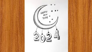 Happy New year drawing 2024  new year drawing pencil sketch tutorial  new year drawing 2024 [upl. by Ehsiom]