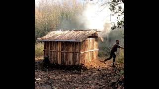 Build Log Cabin for Winter Camp  Hanging Bed Cooking on a Wood Fire Stove Bushcraft Camping DIY [upl. by Russom]