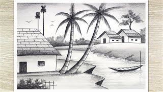 How to Draw Village Scenery with Pencil Sketch Nature Pencil Drawing for Beginners [upl. by Davon122]