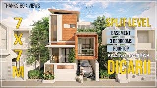 Desain Rumah Split Level Minimalis  7 x 7 m dengan 4 Kamar Tidur Rooftop dan Basement [upl. by Adnawyek]