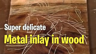 How Metal inlay in wood is made secrets of delicate metal inlay in wood copper amp brass wire inlay [upl. by Rebm]