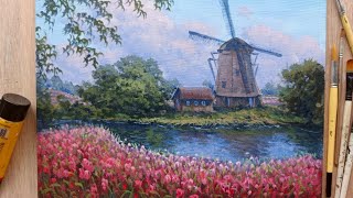 Learn How to paint this beautiful Amsterdam Countryside in AcrylicTimeLapse [upl. by Schrick]