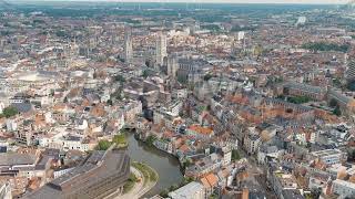 Dolly zoom Ghent Belgium Cathedral of Saint Bavo Panorama of the central city from the air Clou [upl. by Imiaj]