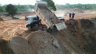 Massive Project Incredible Mountain Land Filling 15T Trucks Unloading amp Bulldozer D37E Pushing Stone [upl. by Nileuqay]