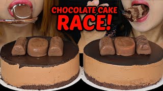 ASMR BIG CHOCOLATE CAKE RACE EATING COMPETITION FULL FACE REVEAL WINNER GETS FRIED CHICKEN FEAST [upl. by Odilo663]