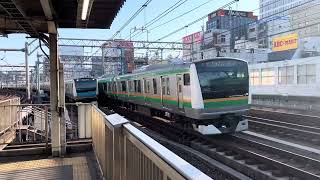 Meet Shōnan–Shinjuku Line and Keihin–Tōhoku Line E2311000 series train meet at Okachimachi Station [upl. by Bonnee823]