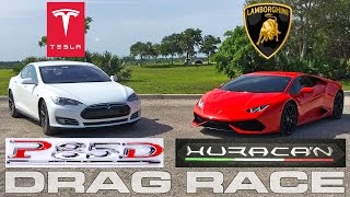 Tesla Model S P85D Ludicrous vs Lamborghini Huracan LP6104 Drag Race [upl. by Trebor]