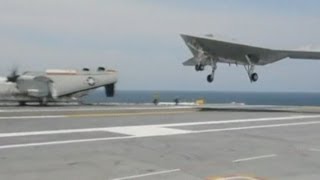 Unmanned X47B jet lands on US Navy aircraft carrier USS George HWBush [upl. by Nahtannoj]