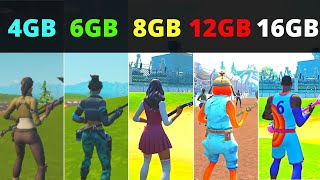 Fortnite 4gb Ram vs 6gb Ram vs 8gb Ram vs 12gb Ram vs 16gb Ram [upl. by Larrie636]