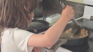 6 yo Pearl cooks shrimp scampi [upl. by Vokay528]