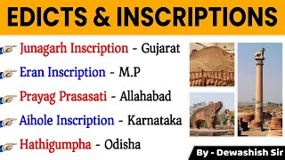 Inscriptions amp Rock Edicts  शिलालेख  Ancient History Edicts amp Inscriptions History GK  Dewashish [upl. by Keyek]