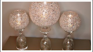 DIY Glam Crushed Glass Candle Holders  3 DIY Dollar Tree Candle Glam Decor  Goodwill DIY [upl. by Brosine176]