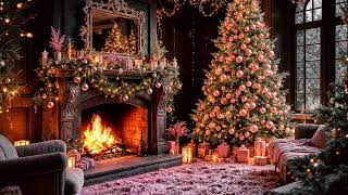 4K Pink Christmas Fireplace Crackling Fire  Winter Falling Snow  Christmas Ambience  Pinkmas [upl. by Asselim]