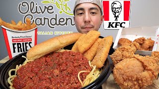 ASMR EATING KFC CRISPY FRIED CHICKEN OLIVE GARDEN MEAT SAUCE SPAGHETTI CHEESY MOZZARELLA STICKS [upl. by Odnalo186]