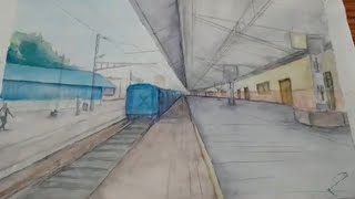 Painting a railway station  drawing railway station watercolor  Timelapse [upl. by Llertac156]