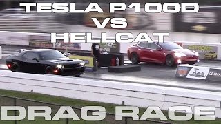 Tesla Model S P100D vs Dodge Challenger Hellcat on Drag Radials Drag Racing 14 Mile [upl. by Aissatsana]