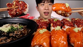 간장찍어 고추냉이 올려대왕연어초밥 육회초밥 시원한 냉모밀도 추가요😊 먹방 ASMR MUKBANG Salmon Sushi Beef Tartare Sushi eating show [upl. by Eiddam]