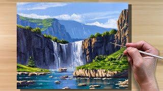 Acrylic Painting Waterfall Valley Landscape  Timelapse [upl. by Irrabaj]