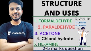 structure and uses  formaldehyde  paraldehyde  Acetone  chloral hydrate  hexamine  vanillin [upl. by Anola284]