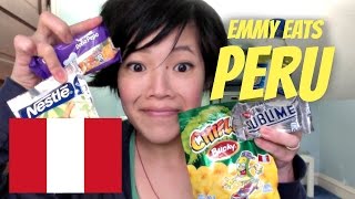 Emmy Eats Peru  tasting Peruvian snacks amp sweets [upl. by Kralc]