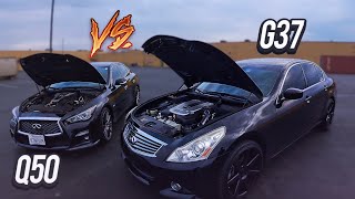 INFINITI G37 VS Q50 RED SPORT  DIFFERENCES COMPARISON SPEED TEST amp MORE [upl. by Nalced]