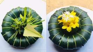 How to make a coconut leaf flower vasedecoration ideas with palm leaves [upl. by Ahseia]