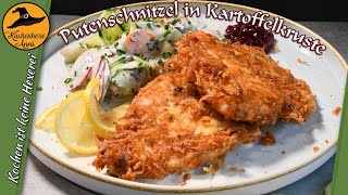 Knuspriges Putenschnitzel in der Kartoffelkruste mit cremigem Gurkensalat [upl. by Ligriv]