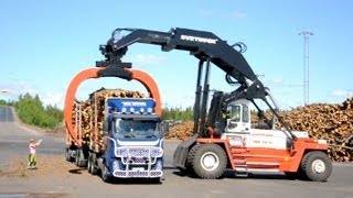 Svetruck TMF 2821 unloading Volvo FH12 6x2 Timber Truck [upl. by Caundra]