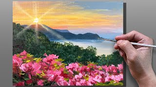 Acrylic Painting Mountain Lake Flowers  Correa Art [upl. by Nnayelsel]