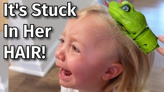 ITS STUCK IN HER HAIR How Did This Happen  Toddler Gets Popular Snake Toy Stuck In Hair [upl. by Lenoyl120]