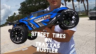 Swapping Proline Trenchers for Duratrax Bandito Street Tires on Traxxas Rustler VXL 4x4 Test Run [upl. by Cirdnek]