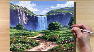 Acrylic Painting Waterfall Meadow Landscape  Timelapse [upl. by Koch]