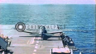 US Navy F6F Hellcat gets a waveoff and make several landings aboard USS ShangriHD Stock Footage [upl. by Sinnaoi]