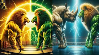 The Fighter Green Lion With Yellow Lion And Rhino Boxing 🥊🥊🍒catlover cutecat cate cute cat2024 [upl. by Aysa]