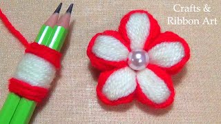 Super Easy Woolen Flower Making Ideas with Pencil  Hand Embroidery Amazing Trick  Sewing Hack [upl. by Ognimod]