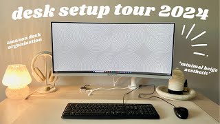 DESK SETUP TOUR 2024  aesthetic beige desk setup amazon desk setup white ultra wide monitor [upl. by Leor]