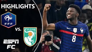 France vs Ivory Coast Aurelien Tchouamenis stoppagetime header seals win  Highlights  ESPN FC [upl. by Ymeon770]