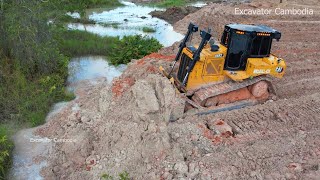 Strong Power D6R2 Caterpillar Bulldozer Working Pushing Dirt Making Road And Truck Unloading DDirt [upl. by Atteiluj]