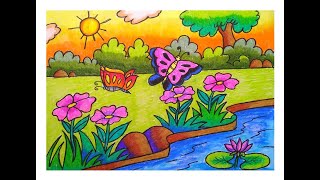 HOW TO DRAW BUTTERFLY SCENERY STEP BY STEPEASY BUTTERFLY AND FLOWE IN THE GARDEN SCENERY DRAWING [upl. by Fanchon]