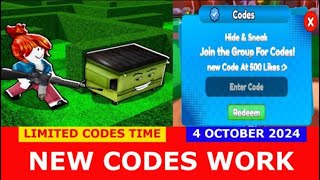 NEW CODES Hide amp Sneak ROBLOX  LIMITED CODES TIME  OCTOBER 4 2024 [upl. by Ettennod914]