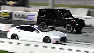 Tesla Model S P85 vs 536 HP TT Mercedes G63 AMG  14 Mile Drag Race Video  Road Test TV ® [upl. by Erbua275]