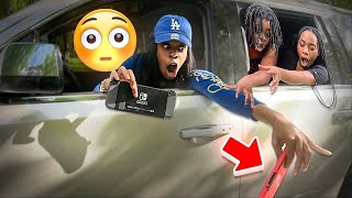 THROWING MY SISTERS NINTENDO SWITCHES OUT THE CAR WINDOW PRANK EXTREMELY HILARIOUS [upl. by Easlehc]