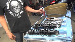 102 2004 road turd suspension rebuild fork shock change FLHT twin cam touring harley tatro machine [upl. by Smoht]