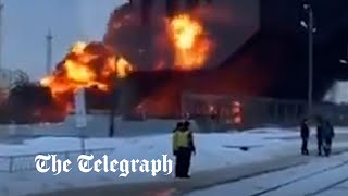 Ukrainian drone attack causes huge fire at Russian oil depot [upl. by Acissj983]