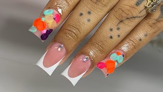 French W 3D Acrylic Flowers  French Nails  Acrylic 3D Flowers  Rhinestone Nails [upl. by Htur]