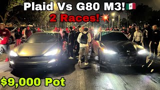 Tesla Plaid Vs G80 M3 9000 Pot  2 RACES BMW G80 M3 [upl. by Pittel943]