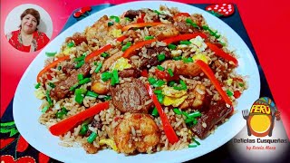 ARROZ CHAUFA MIXTO PERUANO DE 3 CARNES RECETA DELICIAS CUSQUEÑAS PERÚ COMIDA PERUANA [upl. by Ylrehs54]