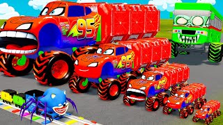 Big amp Small Lightning McQueen Spider vs Long Slide Game with Trains vs Portal Trap  BeamNGDrive [upl. by Ydnamron539]