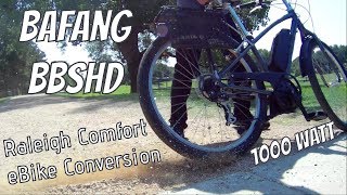 eBike Life Bafang BBSHD 1000w middrive motor 48v 40mph Raleigh comfort commuter ebike conversion [upl. by Lokim]